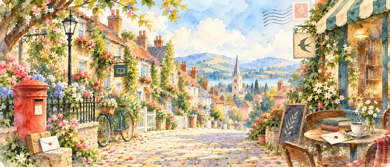 A sunny Bellwether street with a red postbox, a bicycle, flower-covered cottages and a church spire by the lake